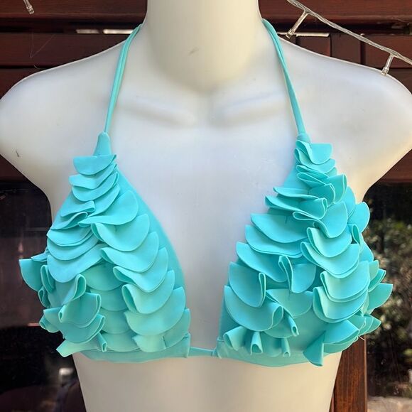 RUFFLE TRIANGLE BIKINI TOP SEAFOAM/MINT/TURQUOISE SMALL - Picture 2 of 6